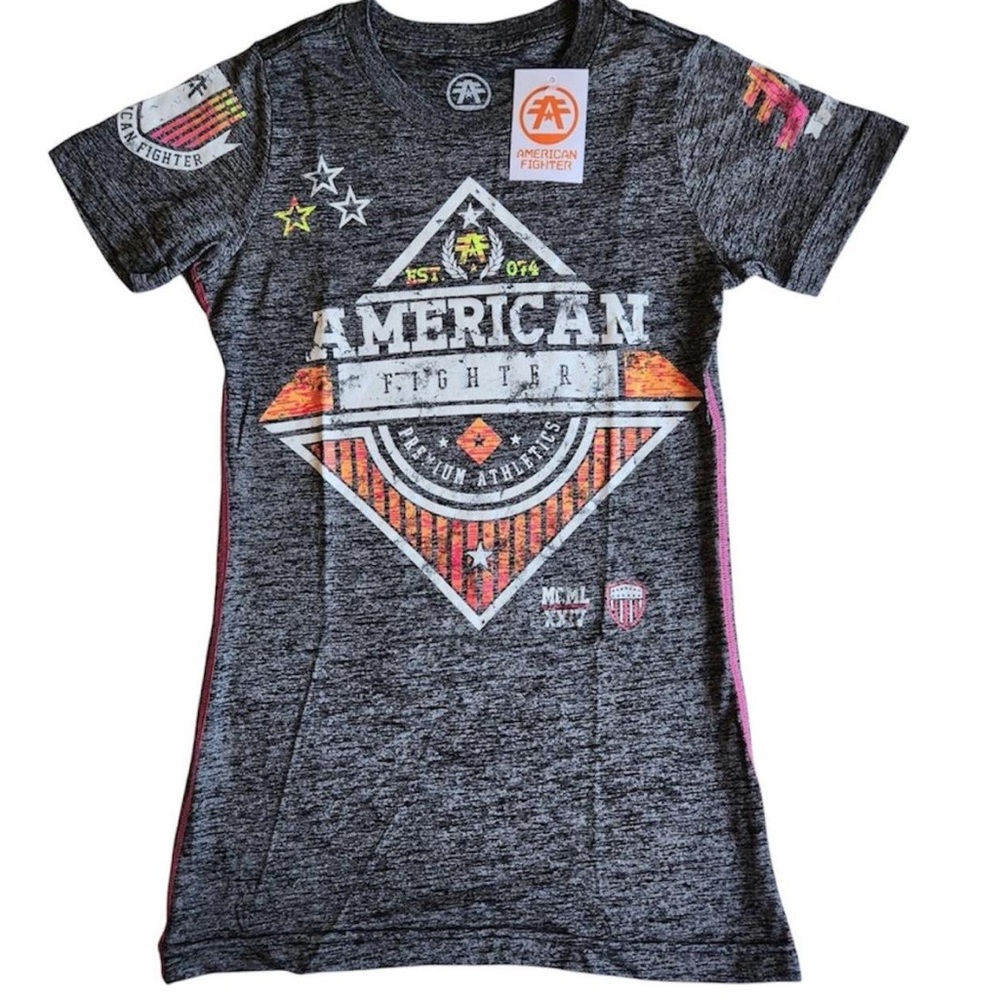 American Fighter Girls' Gray Graphic Tee - Gray with Orange Accents NWT Size S